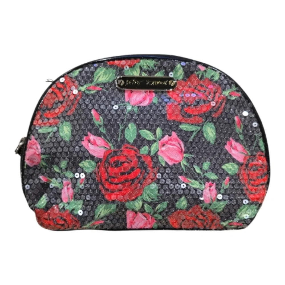 Betsey Johnson Sequined Rose Cosmetic Bag Set of 2 Black Floral Zip Closures